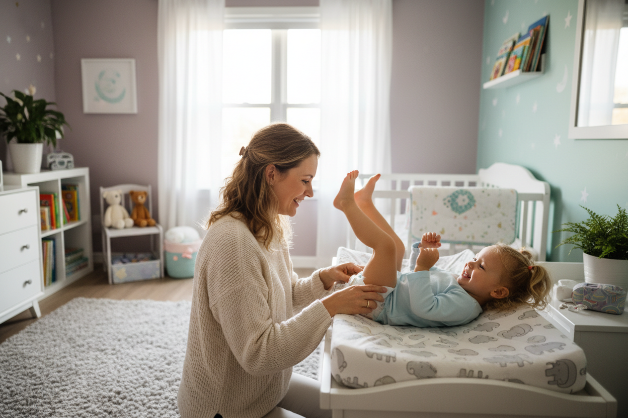 一位美国的母亲在帮2岁的小女孩换尿布，画面温馨