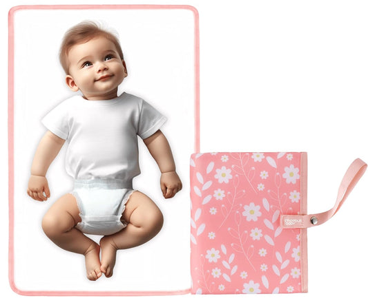 Portable Diaper Changing Pad for Baby - Waterproof Compact Changing Mat with Wrist Strap - Wipeable Travel Changing Pad for Diaper Bag(Pink Flowers)