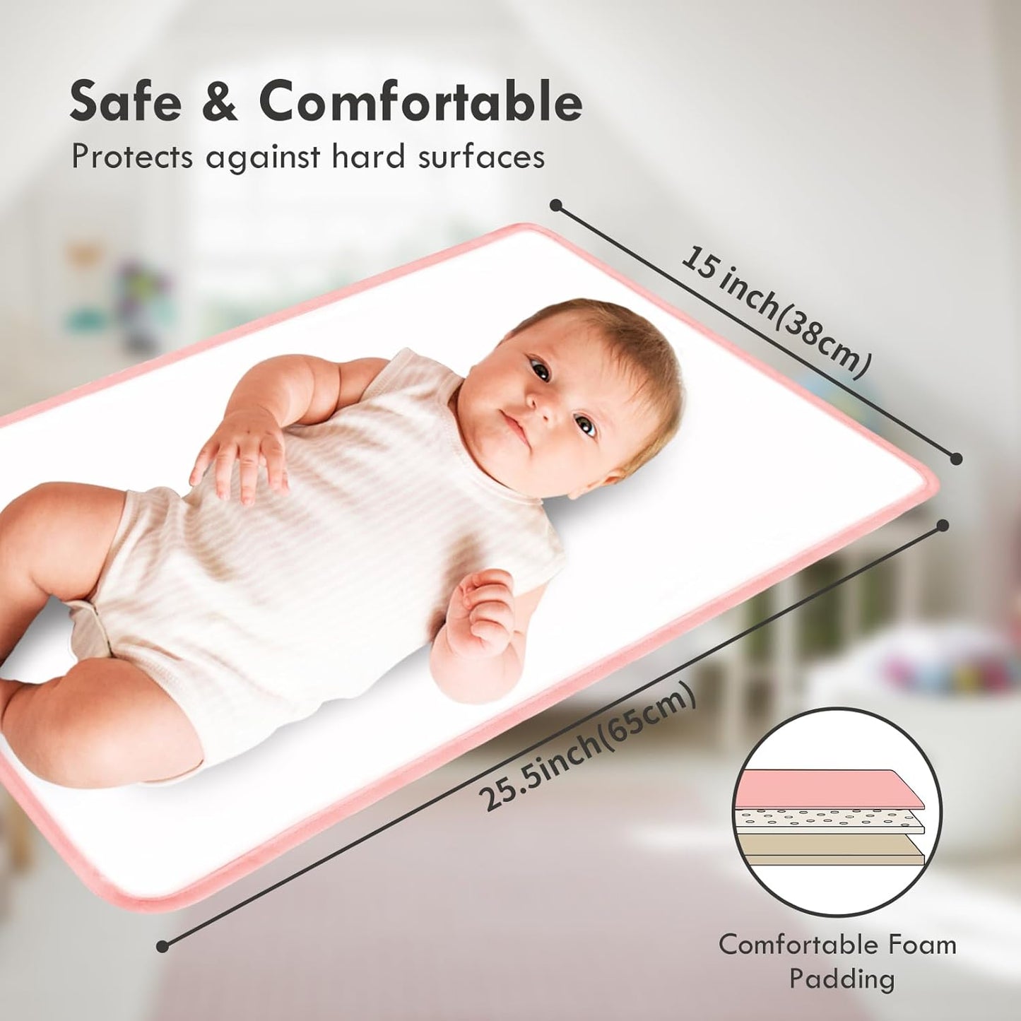 Portable Diaper Changing Pad for Baby - Waterproof Compact Changing Mat with Wrist Strap - Wipeable Travel Changing Pad for Diaper Bag(Pink Flowers)