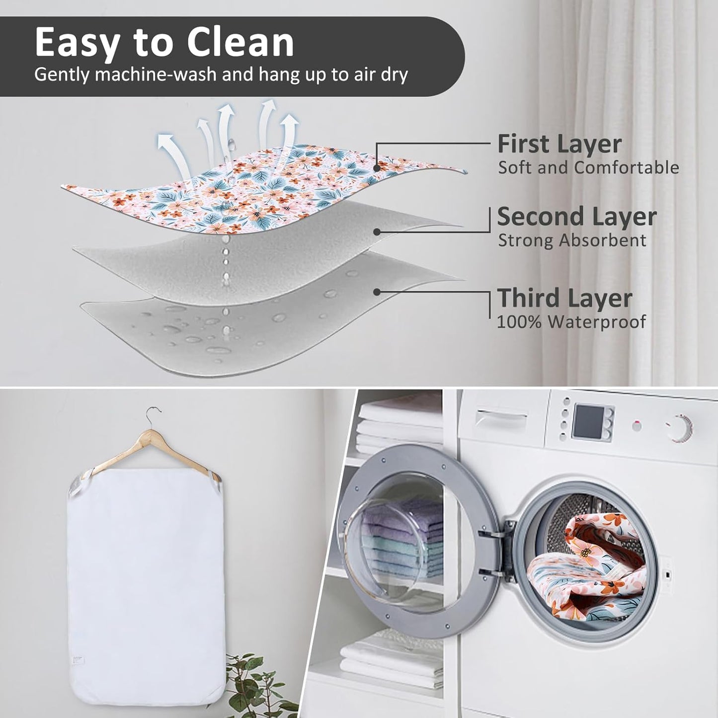 Baby Diaper Changing Pad, 21 5/8" x 31.5" Waterproof Changing Pad Liners - Reusable Soft and Absorbent Portable Changing Mat(Flower1PCS)