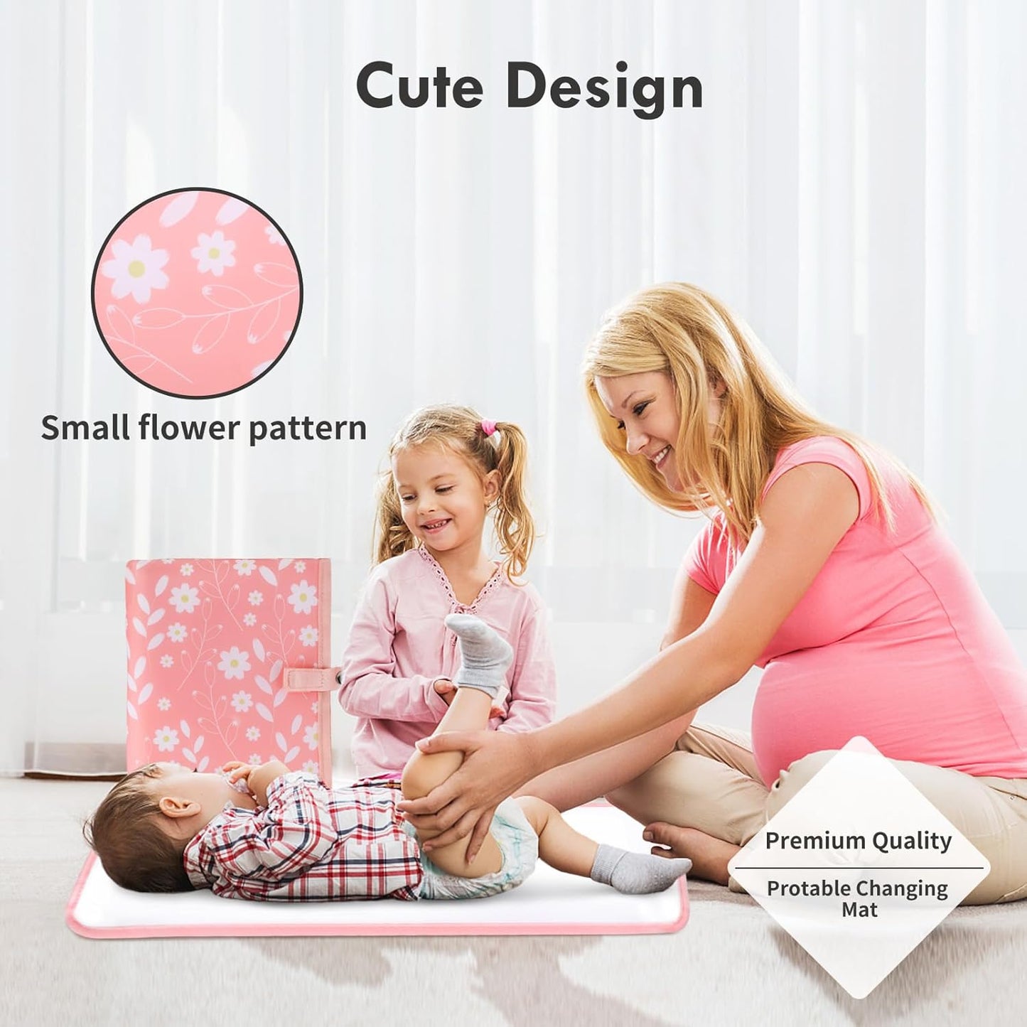 Portable Diaper Changing Pad for Baby - Waterproof Compact Changing Mat with Wrist Strap - Wipeable Travel Changing Pad for Diaper Bag(Pink Flowers)