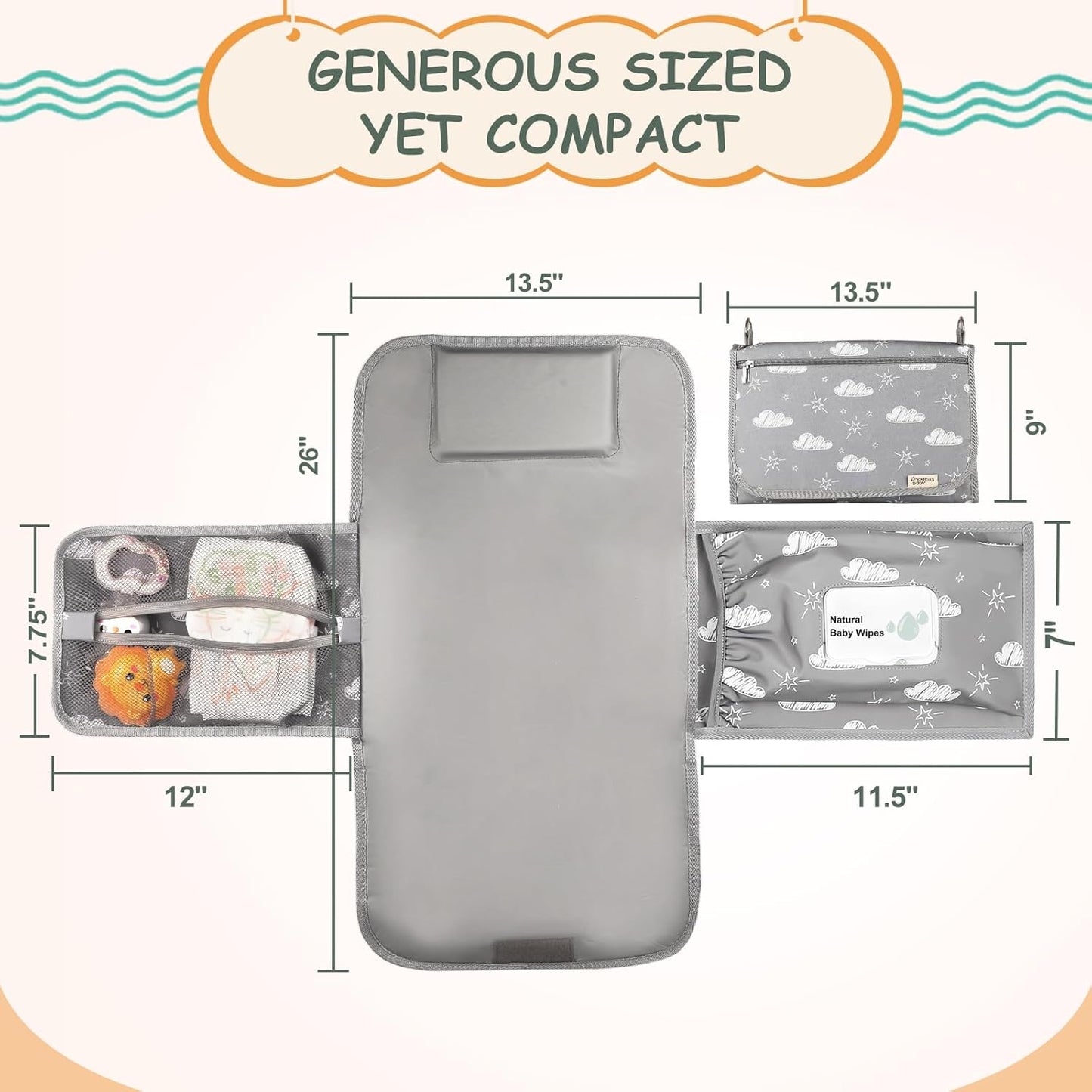 Portable Diaper Changing Pad - Travel Waterproof Baby Changing Mat with Shoulder Strap - Foldable Diaper Changing Station with Wipes Pocket, Newborn Shower Gifts