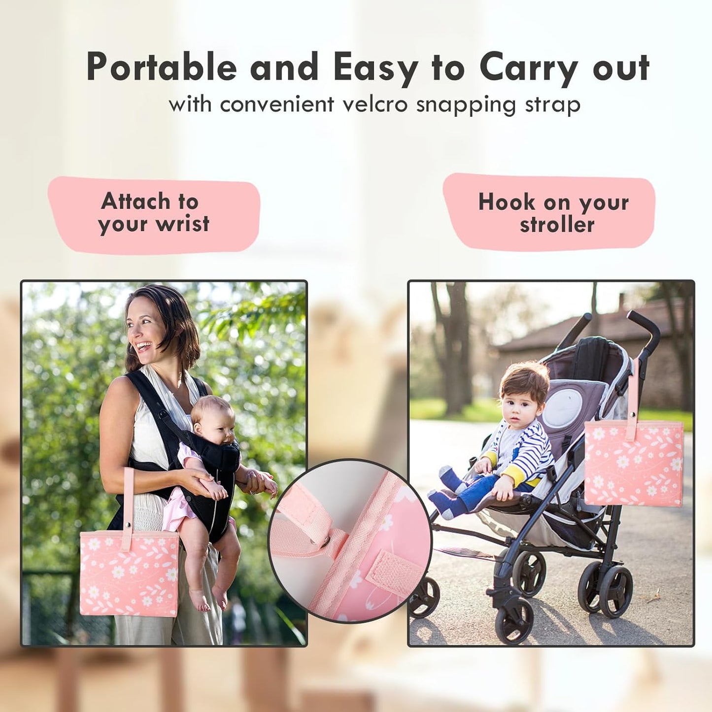 Portable Diaper Changing Pad for Baby - Waterproof Compact Changing Mat with Wrist Strap - Wipeable Travel Changing Pad for Diaper Bag(Pink Flowers)