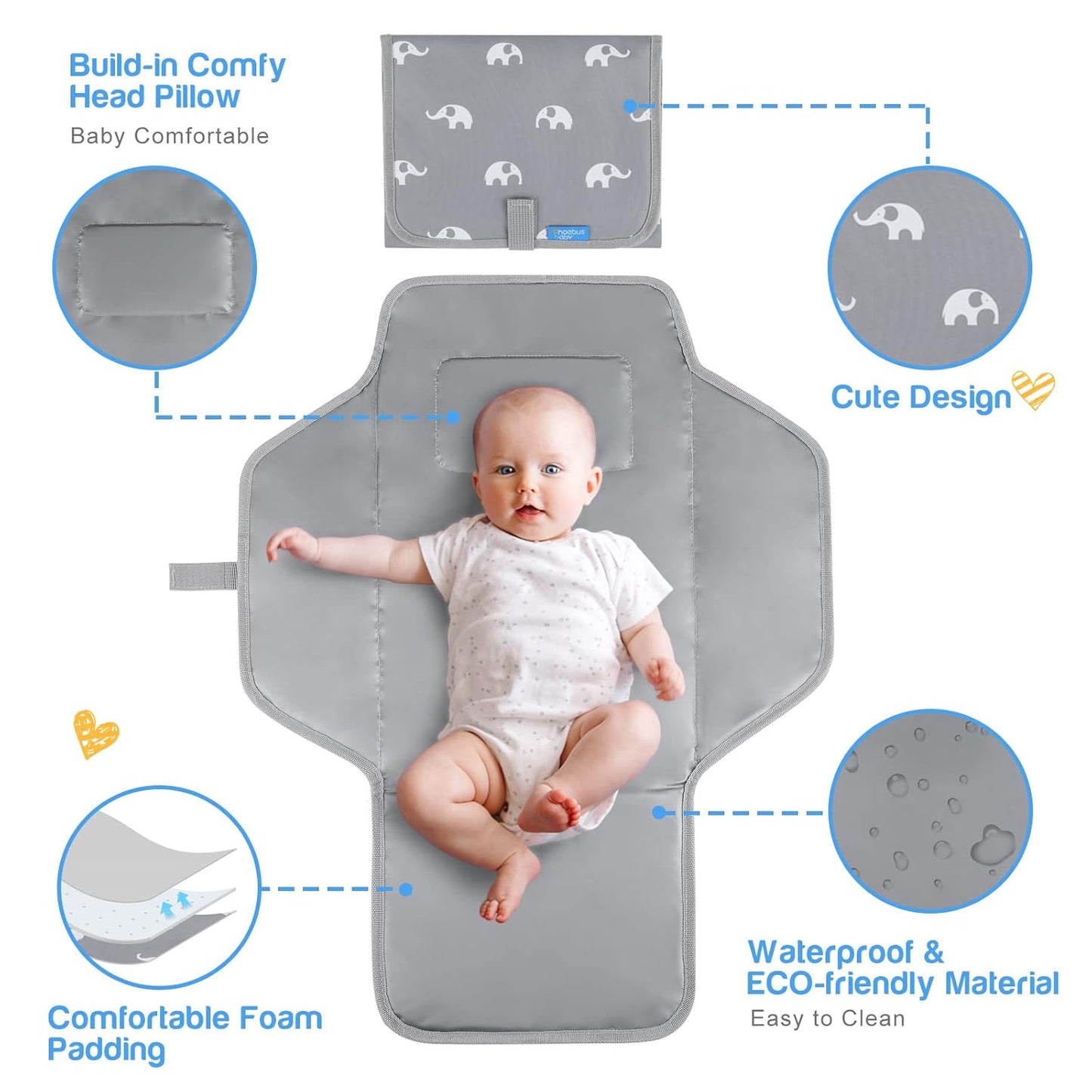 Portable Changing Pad Travel - Waterproof Compact Diaper Changing Mat with Built-in Pillow - Lightweight & Foldable Changing Station(Cute Elephant)