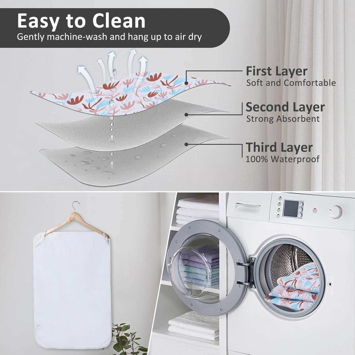 Baby Diaper Changing Pad, 21 5/8" x 31.5" Waterproof Changing Pad Liners - Reusable Soft and Absorbent Portable Changing Mat(Flower1PCS)