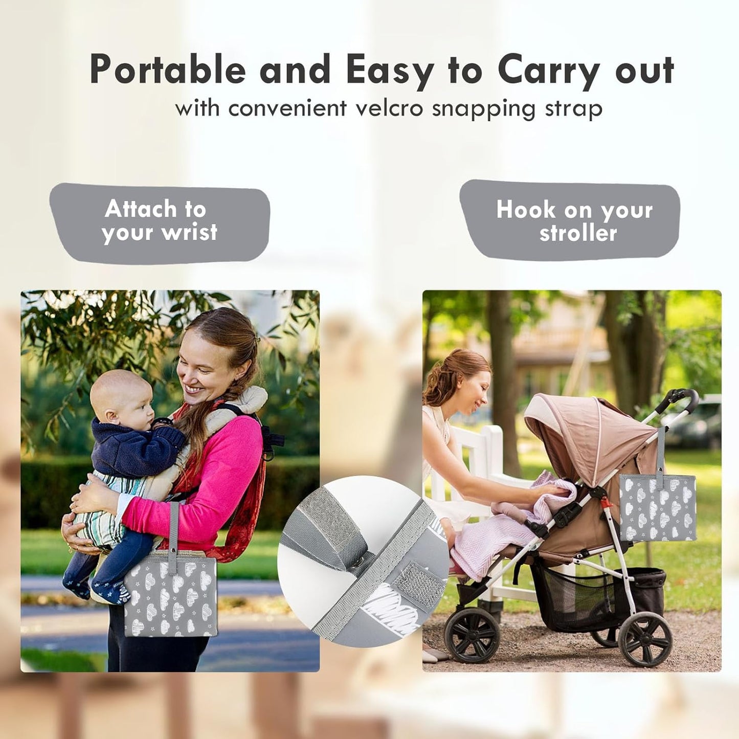 Portable Diaper Changing Pad for Baby - Waterproof Compact Changing Mat with Wrist Strap - Wipeable Travel Changing Pad for Diaper Bag(Pink Flowers)