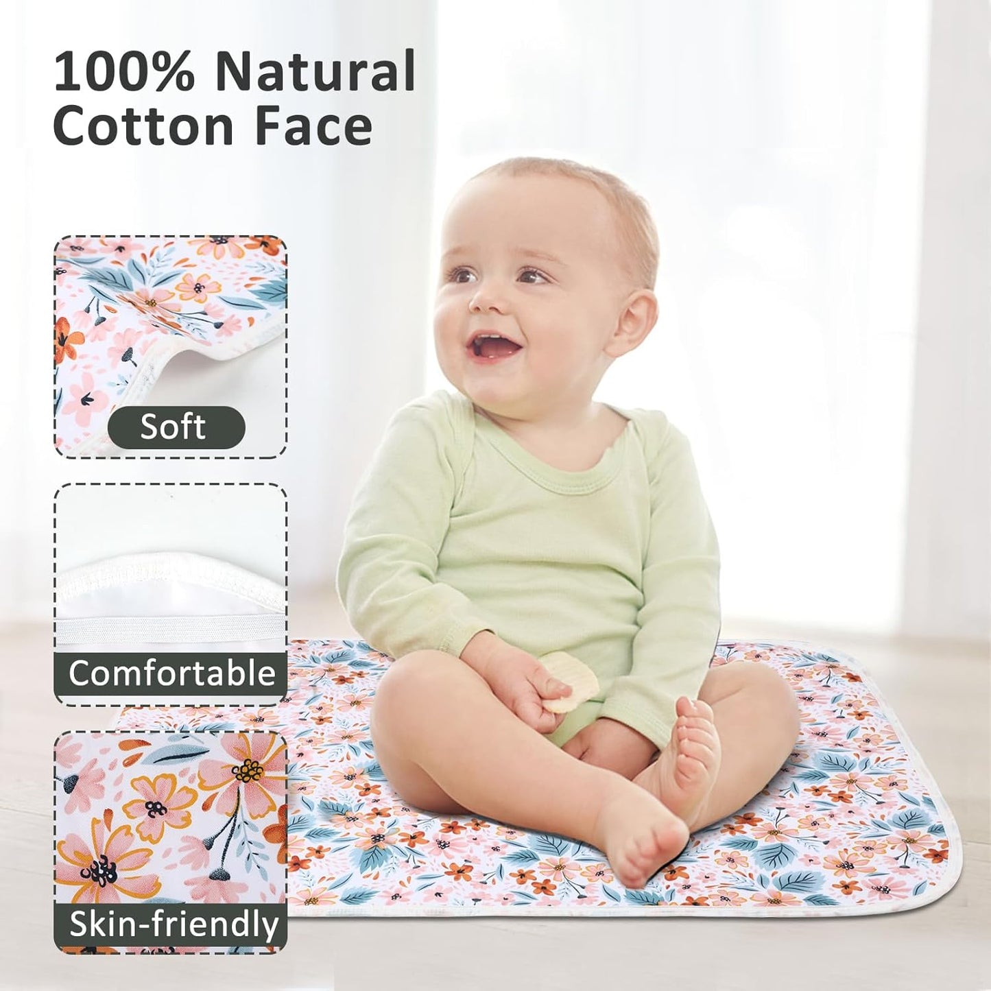 Baby Diaper Changing Pad, 21 5/8" x 31.5" Waterproof Changing Pad Liners - Reusable Soft and Absorbent Portable Changing Mat(Flower1PCS)