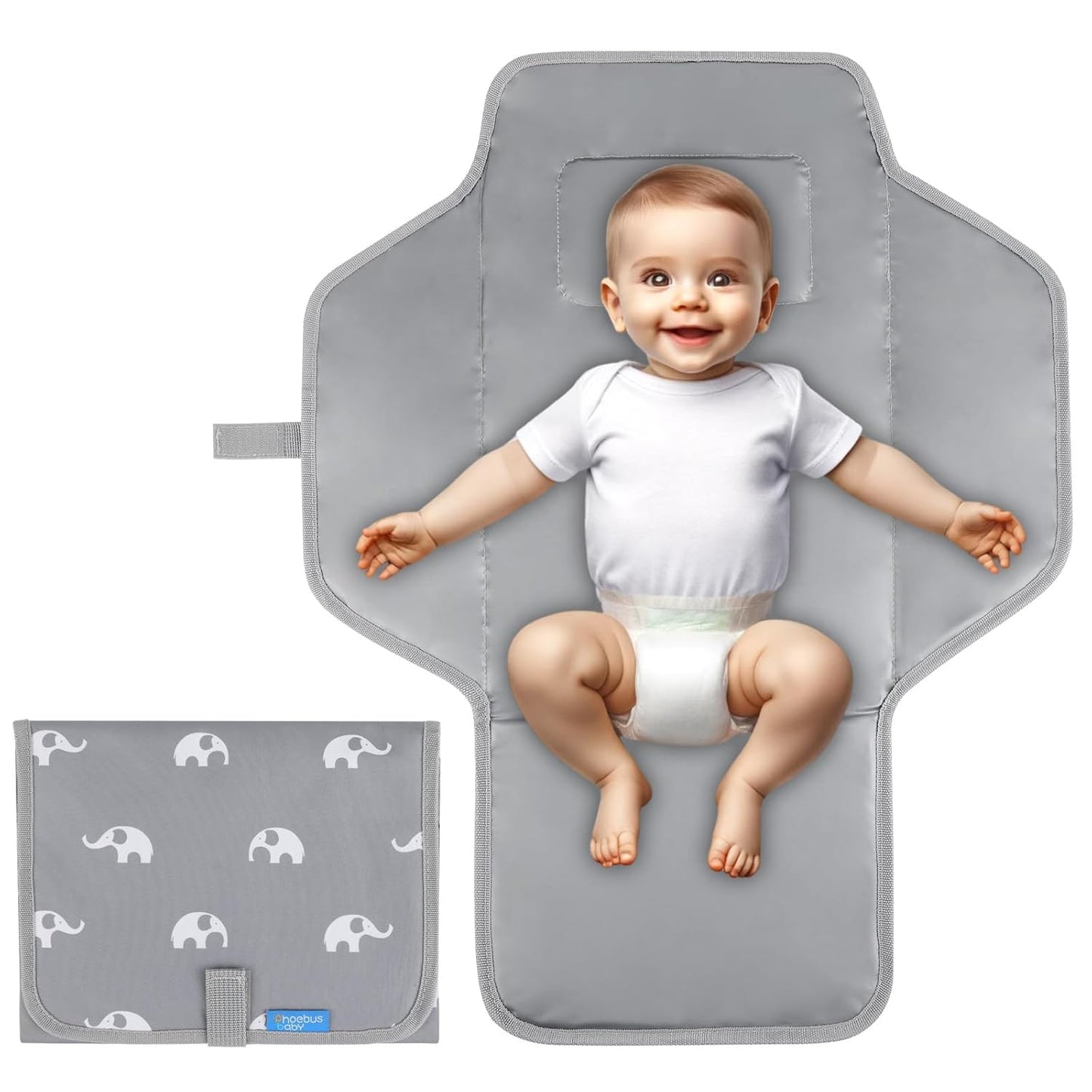 Portable Changing Pad Travel - Waterproof Compact Diaper Changing Mat with Built-in Pillow - Lightweight & Foldable Changing Station(Cute Elephant)