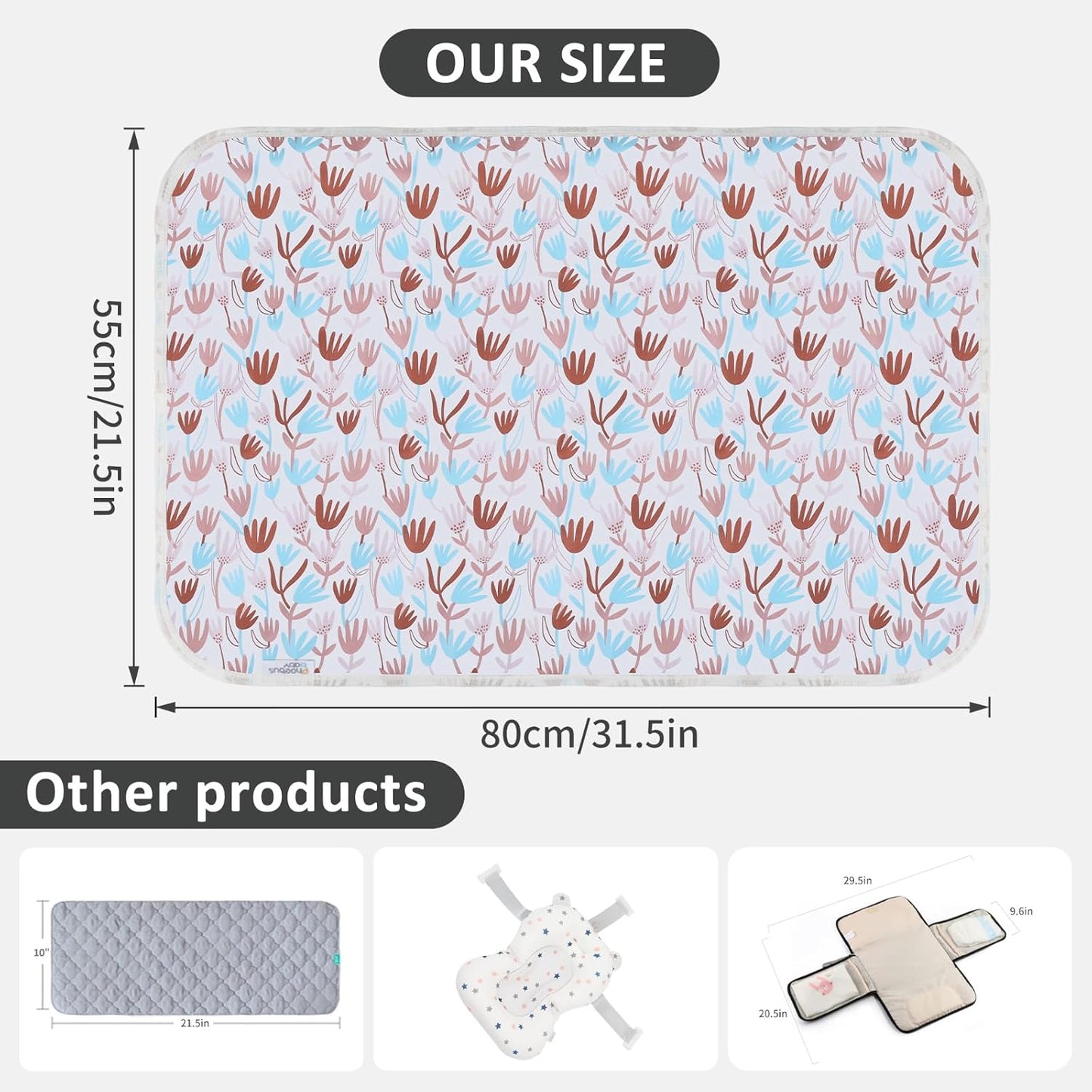 Baby Diaper Changing Pad, 21 5/8" x 31.5" Waterproof Changing Pad Liners - Reusable Soft and Absorbent Portable Changing Mat(Flower1PCS)