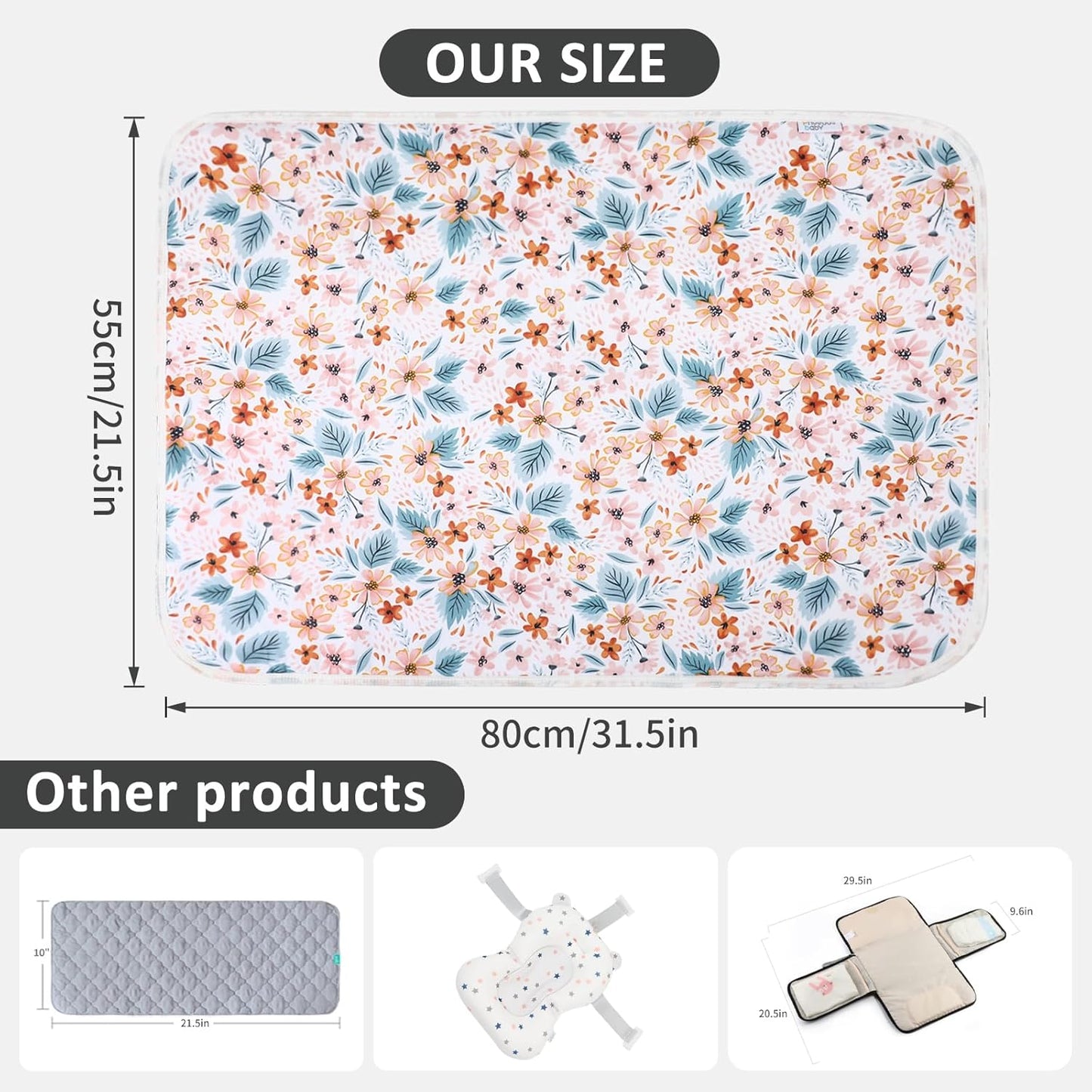 Baby Diaper Changing Pad, 21 5/8" x 31.5" Waterproof Changing Pad Liners - Reusable Soft and Absorbent Portable Changing Mat(Flower1PCS)